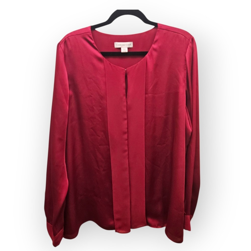 Coldwater Creek Red Long Sleeve Pleated Keyhole Blouse Top XL 18